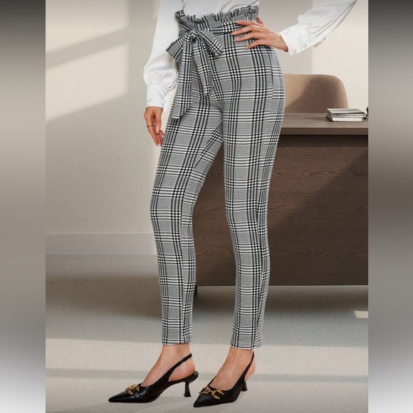 Plaid pants leggings paperbag ruffle waist tie bow - Picture 8 of 8